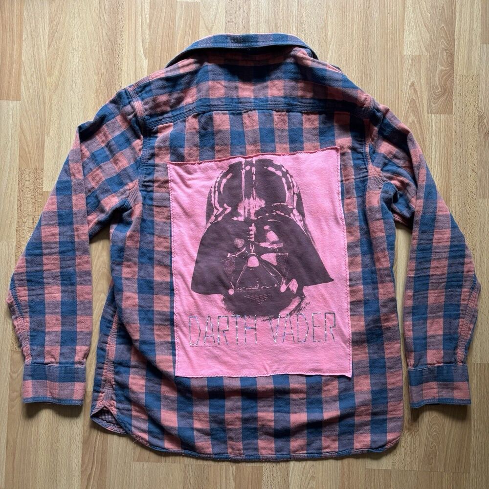 Darth Vader Upcycled Flannel (XL) Star Wars • Pink, Orange & Blue Plaid Shirt